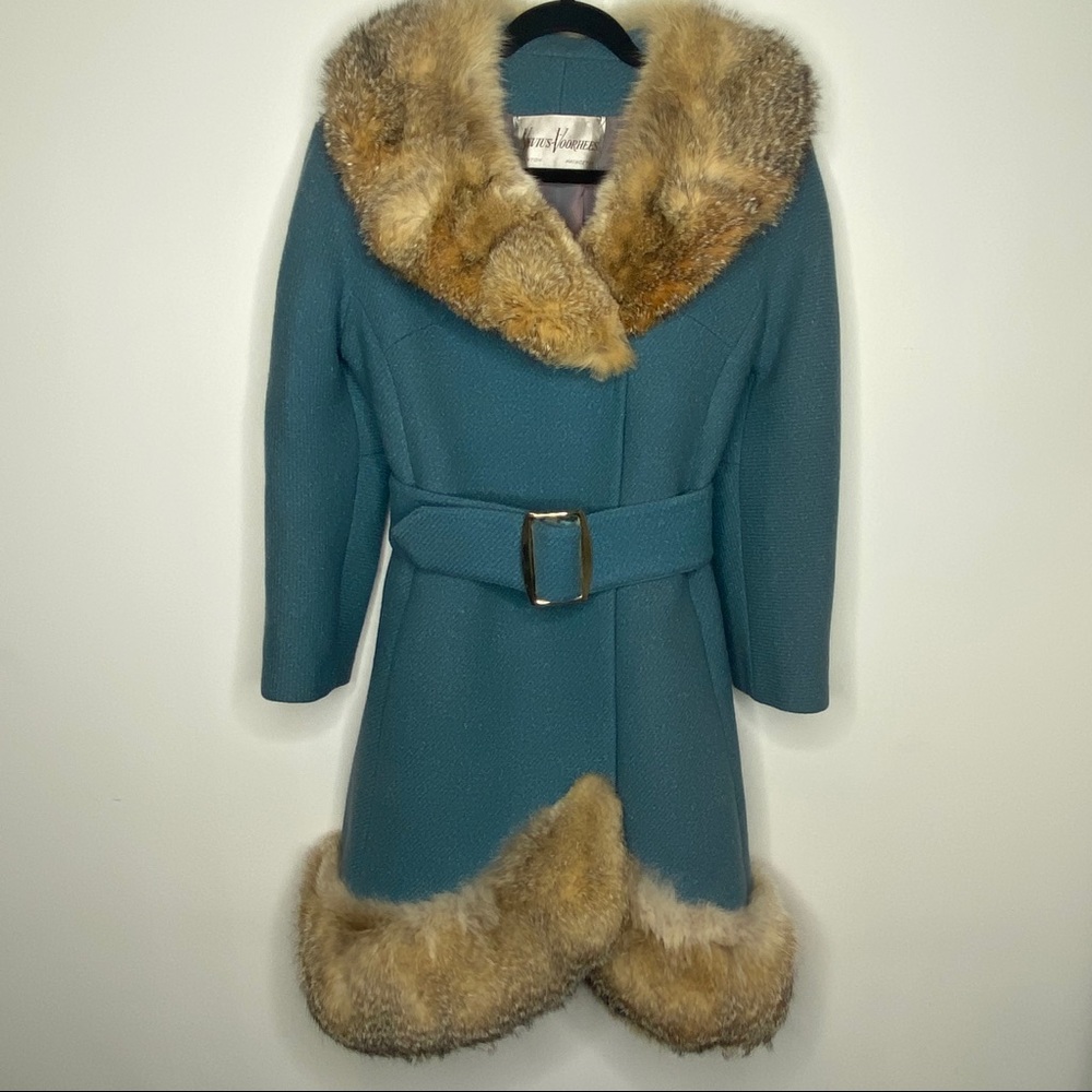 Blue Vintage Style Classy Rabbit Fur Collar Coat